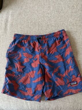 Patagonia Men's Navy Blue with Red Print Swim Trunks